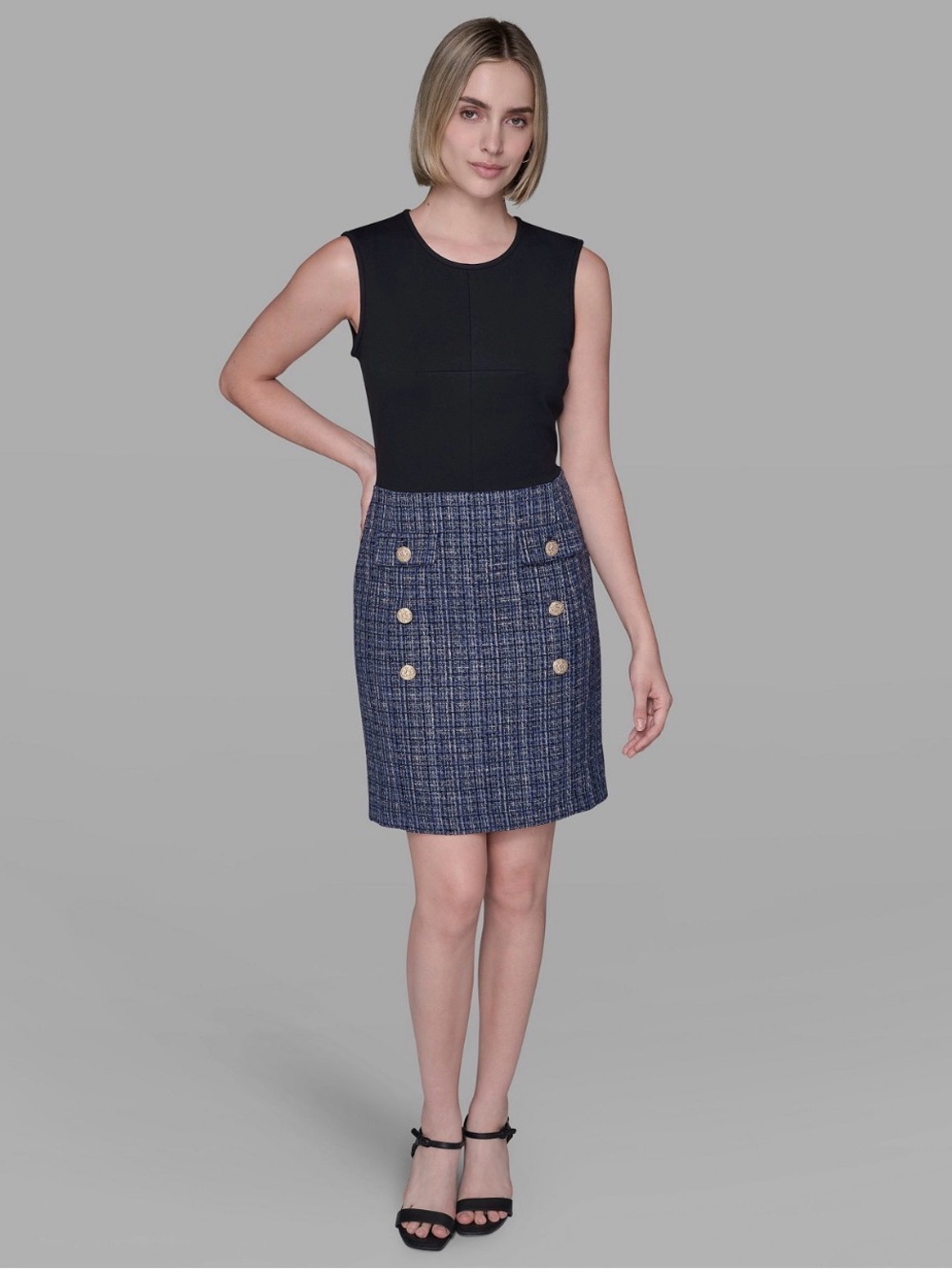 Karl Lagerfeld Paris Classic Blue Tweed Pencil Skirt w/Black Slvless Top Size 10